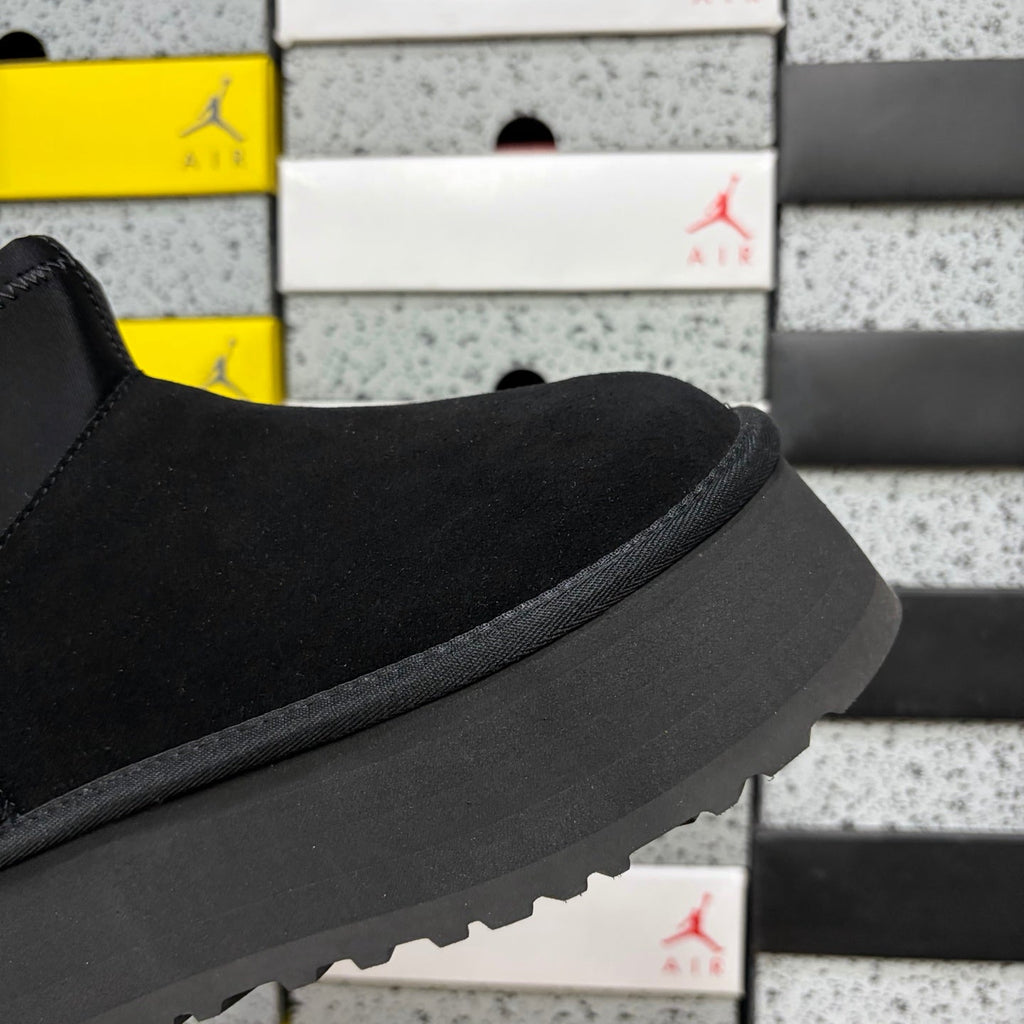 UGG Classic Mini Weather Hybrid Women's Boot – Suede & Stretch Collar Ankle Boot with Neon Yellow Pull Tab, UGG SugrSole & Weather-Resistant Construction in Black