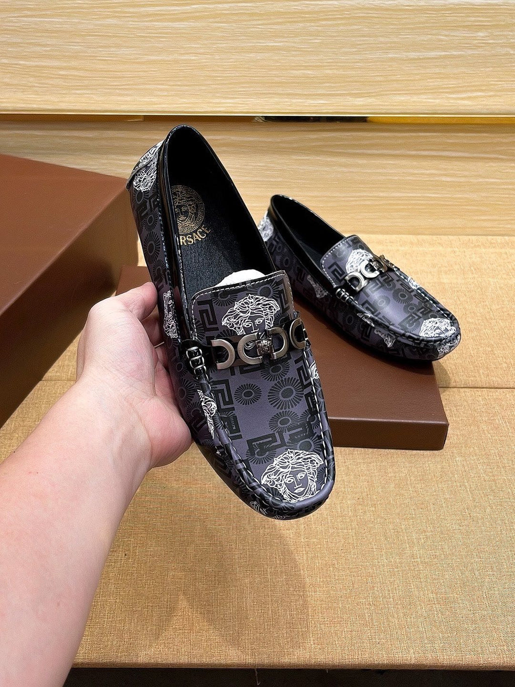 Versace Black and Gray Patterned Loafers